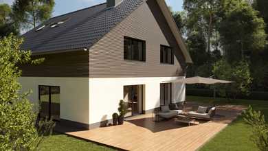 Haus mit Holzfassade und Terrasse, Osmo