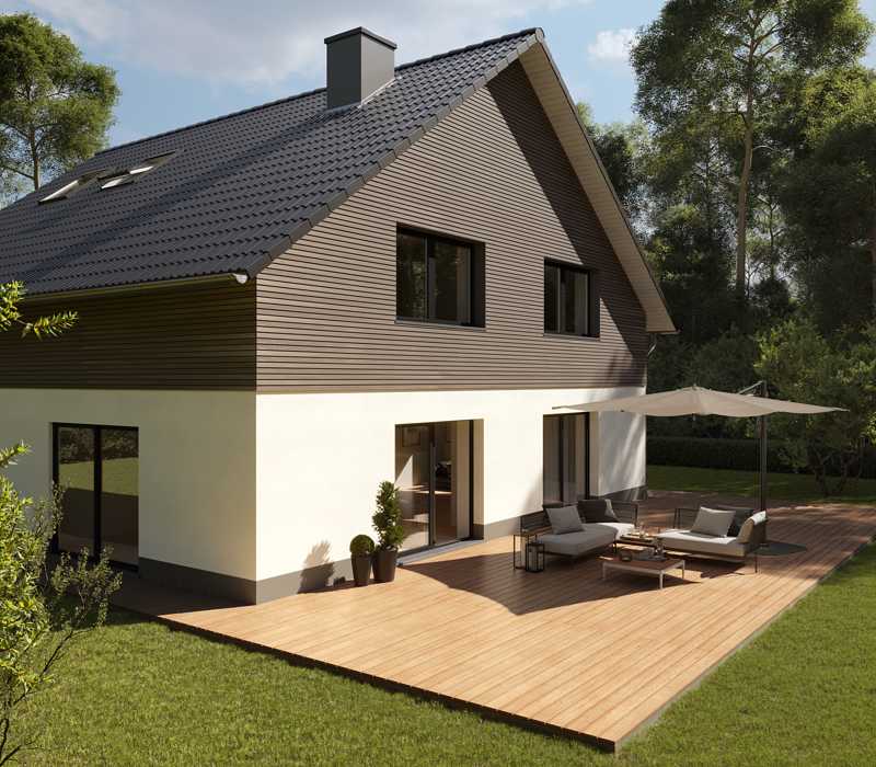 Haus mit Holzfassade und Terrasse, Osmo